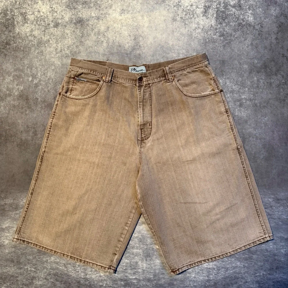 Y2K Mens Brown Denim Baggy Jean Shorts Size 40 Skater Hip Hop Cotton